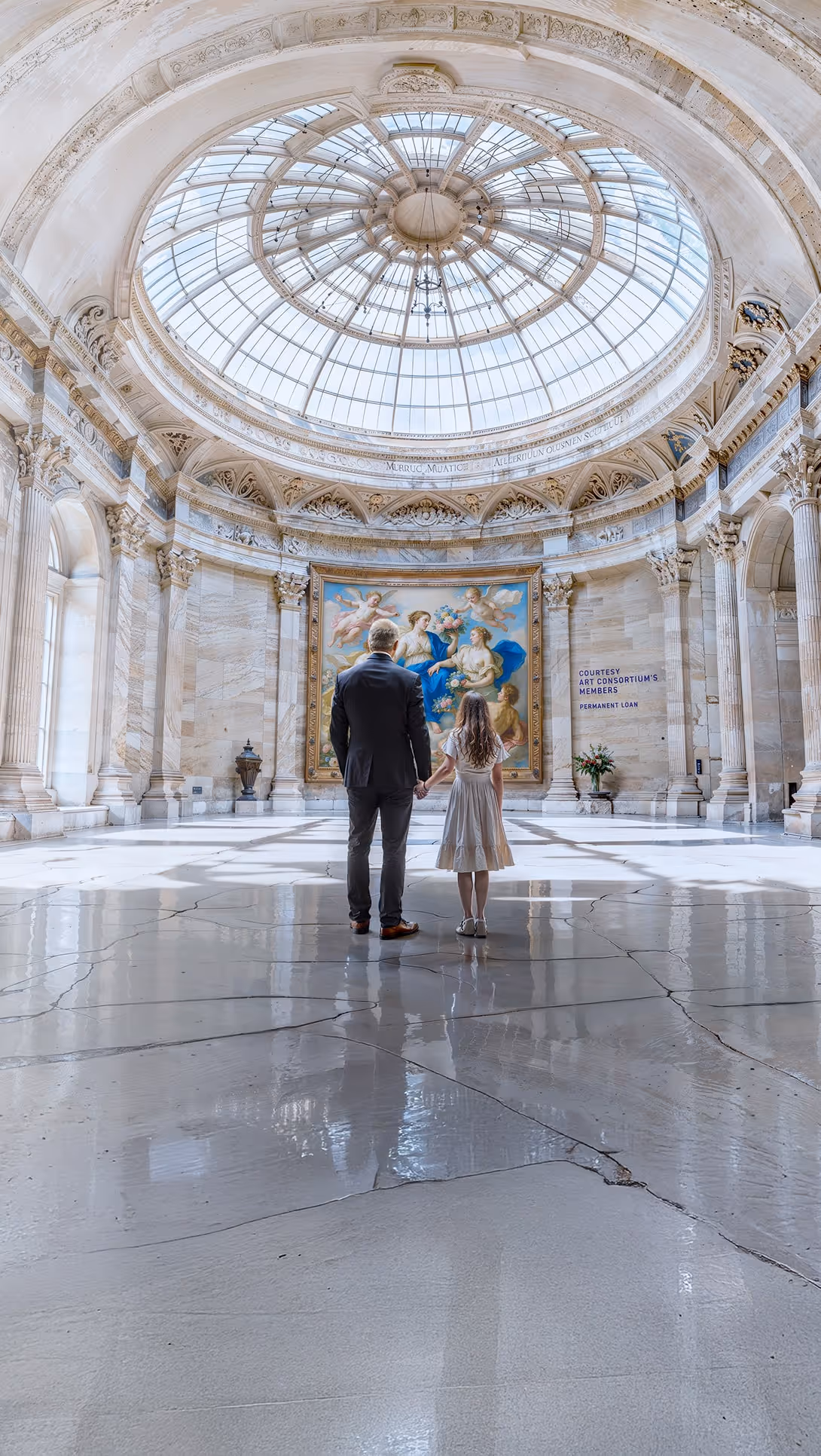 A man and a little girl standing in a building.